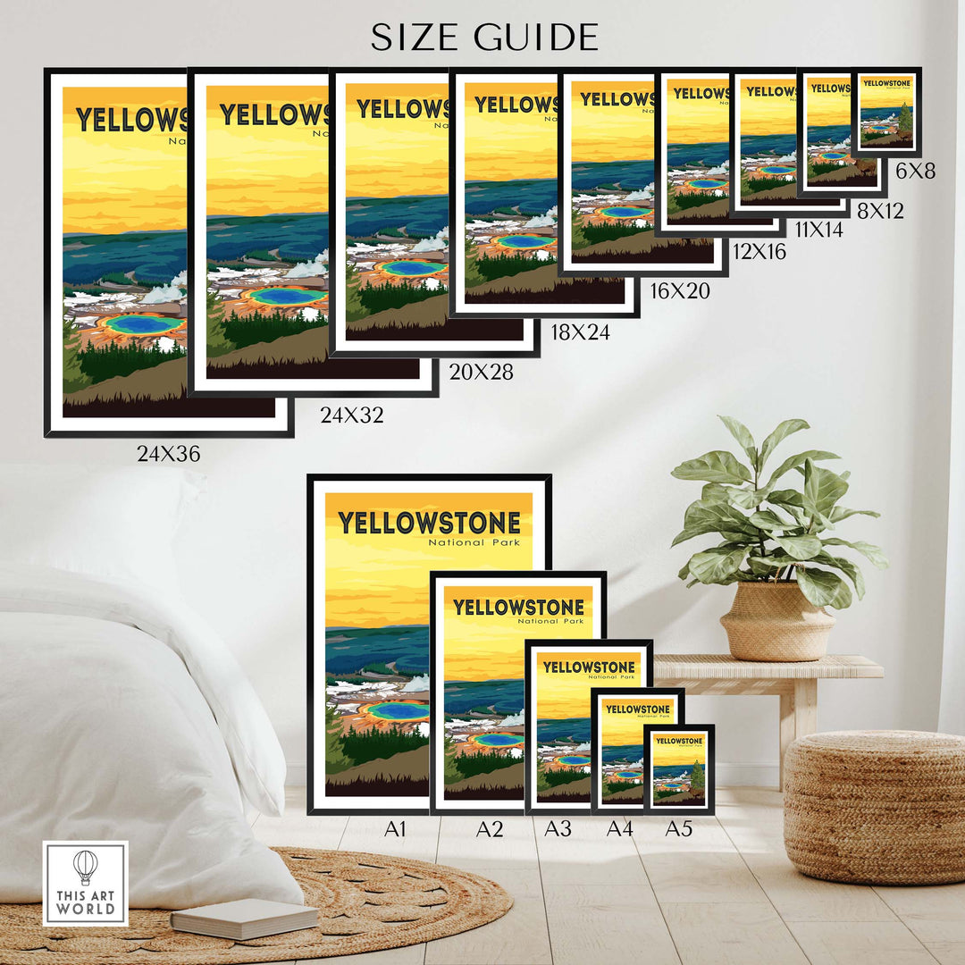 Size guide for Yellowstone National Park poster prints showcasing various frame sizes in a stylish living room setting.