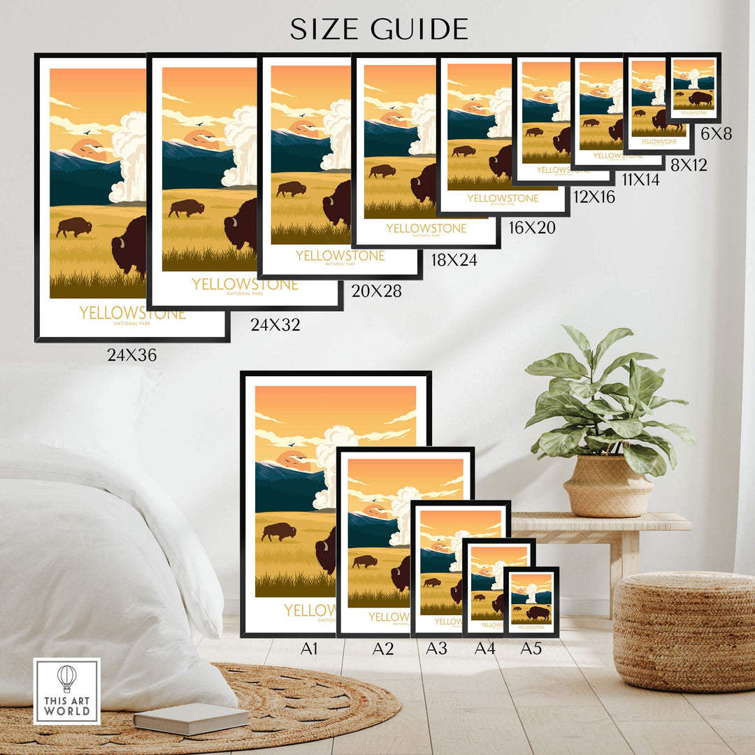 Size guide for Yellowstone wall art poster featuring bison and sunset in various frame sizes and styles.