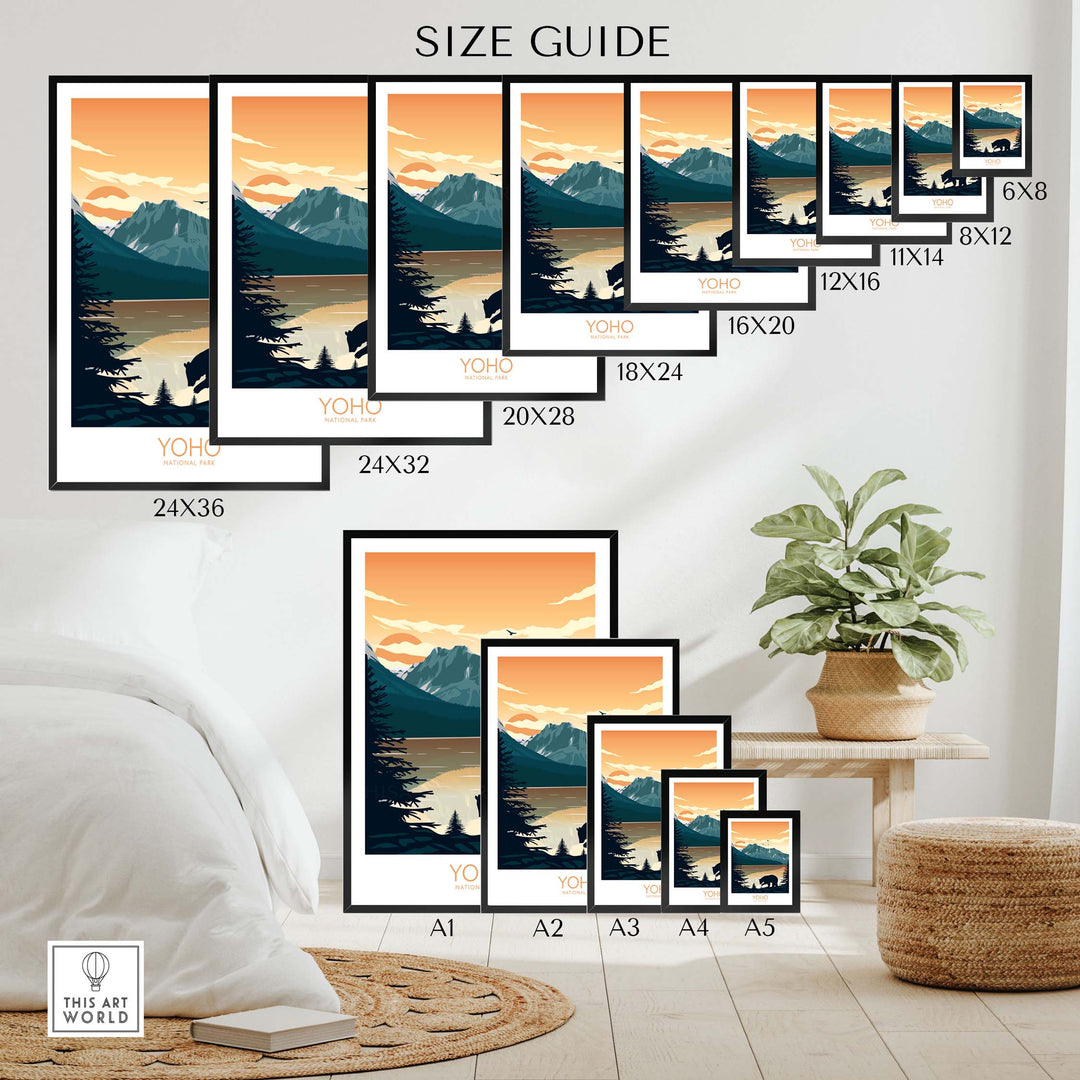 Size guide for Yoho National Park Poster art prints in various dimensions displayed in a cozy room setting.
