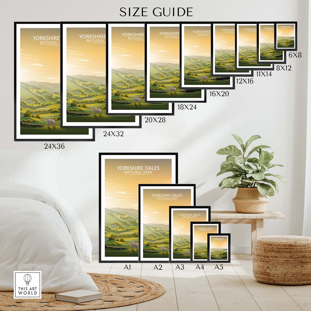 Size guide for Yorkshire Dales poster prints showing various frame sizes for home decor.