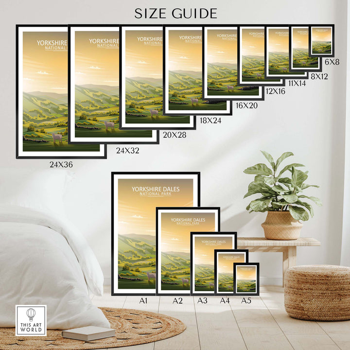 Size guide for Yorkshire Dales poster prints showing various frame sizes for home decor.