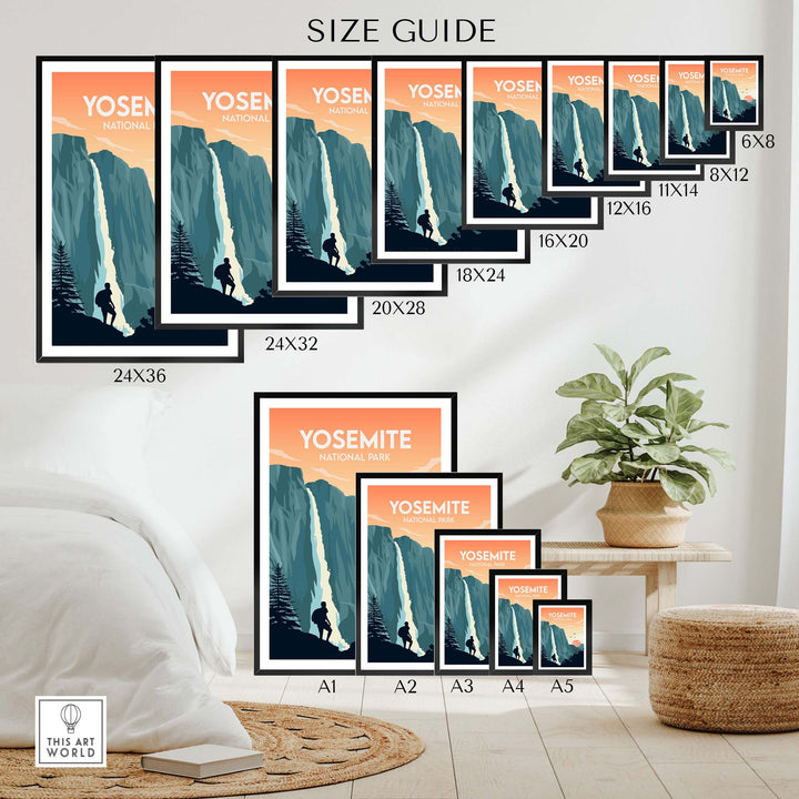 Yosemite National Park poster size guide showcasing various framed and unframed artwork options for wall decor.