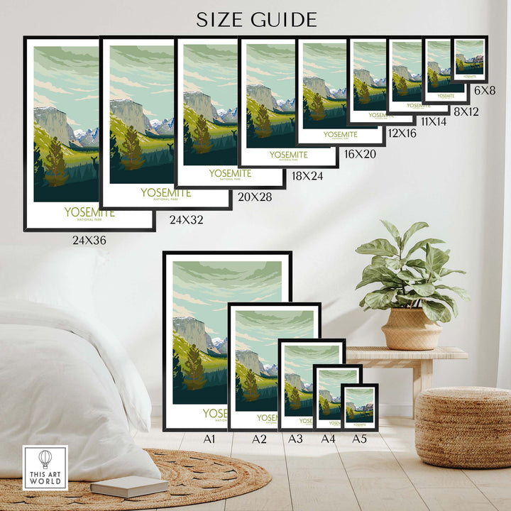 Yosemite National Park print poster size guide showcasing various frame sizes for wall art.