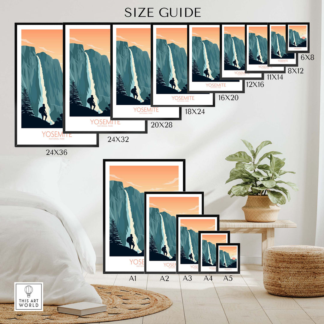 Yosemite National Park poster size guide showcasing various print dimensions for art decor options.