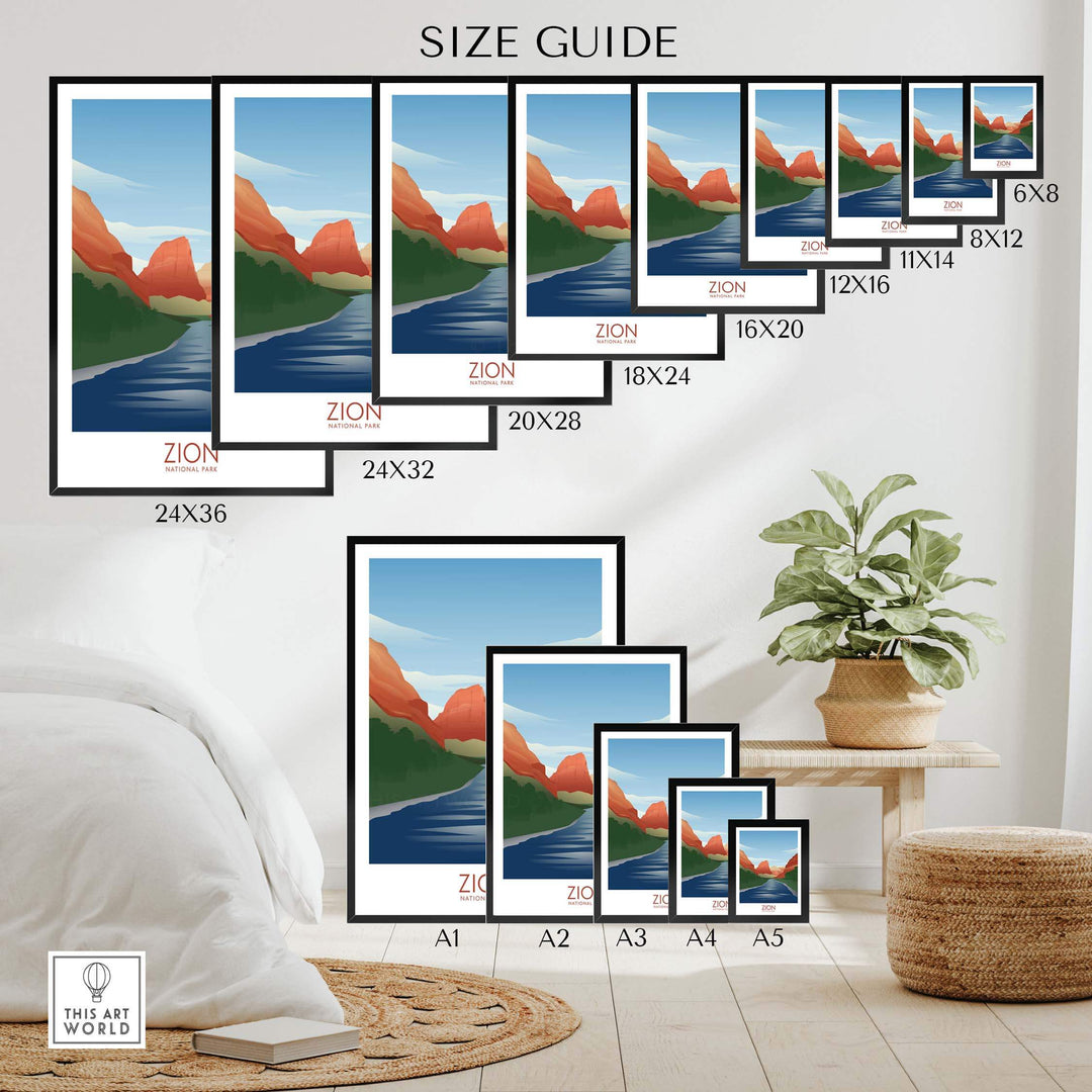 Zion National Park art print size guide showcasing various frame sizes and artwork arrangement in a stylish interior.