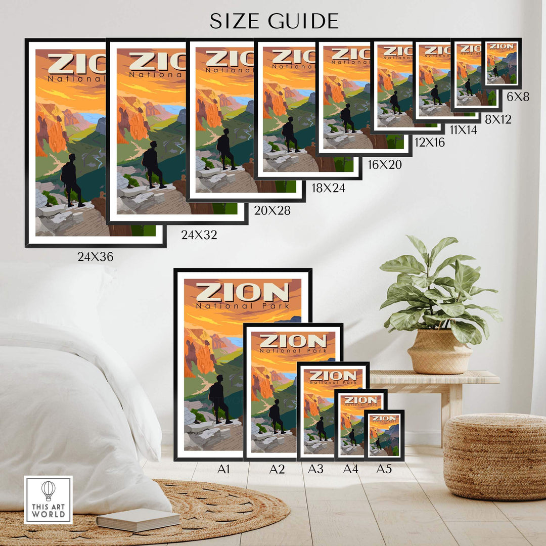 Zion National Park Poster size guide showcasing various frame sizes and design options for home decor.