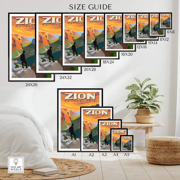 Zion National Park Poster size guide showcasing various frame sizes and design options for home decor.
