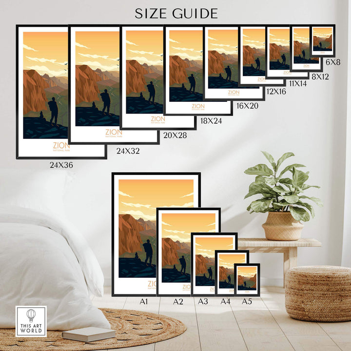 Zion National Park poster size guide showcasing various framed and unframed art print options in a stylish interior setting.