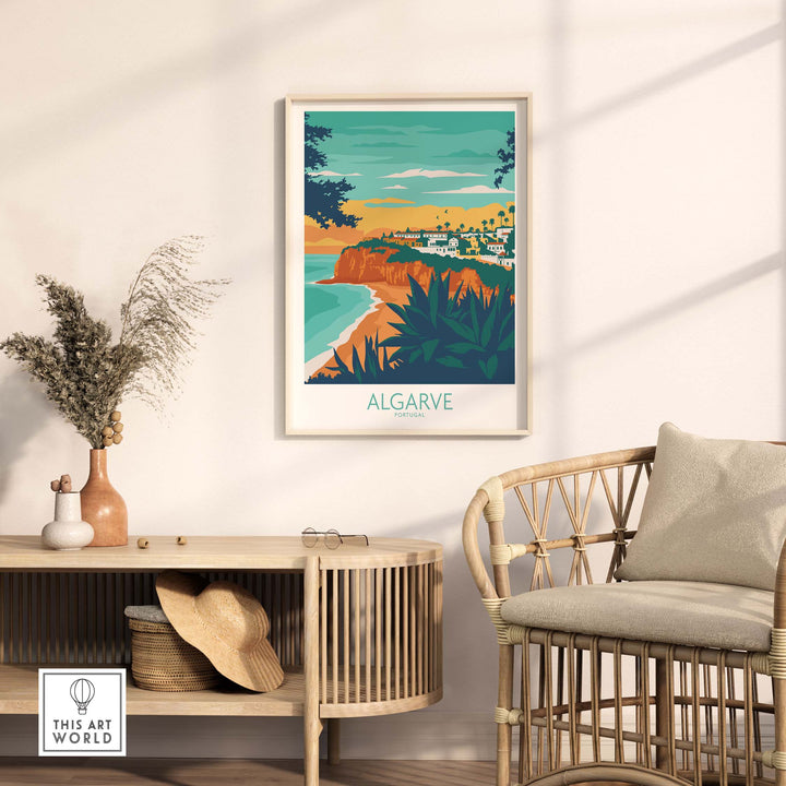 Algarve Print artwork displayed in a stylish interior, showcasing coastal scenery and vintage design.