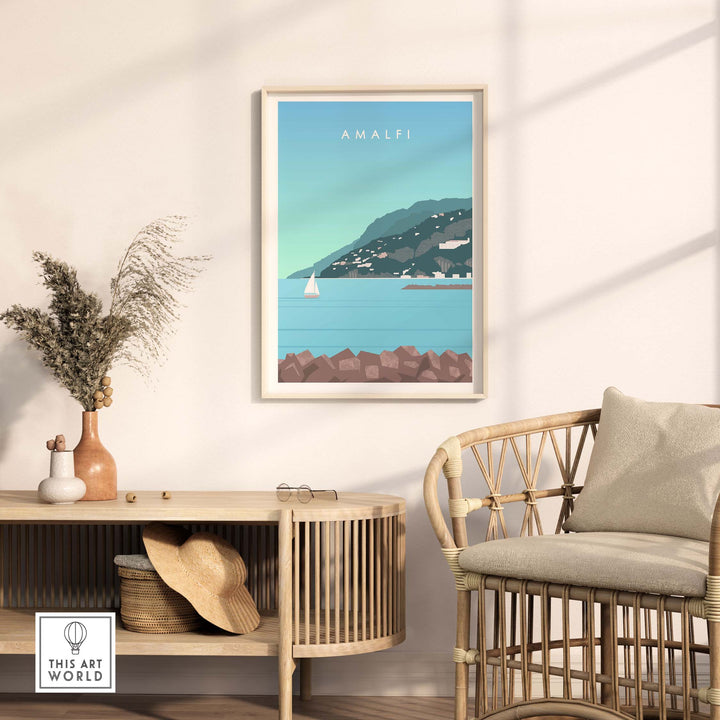 Amalfi Coast Italy print showcased in a stylish living room with modern decor and natural light.