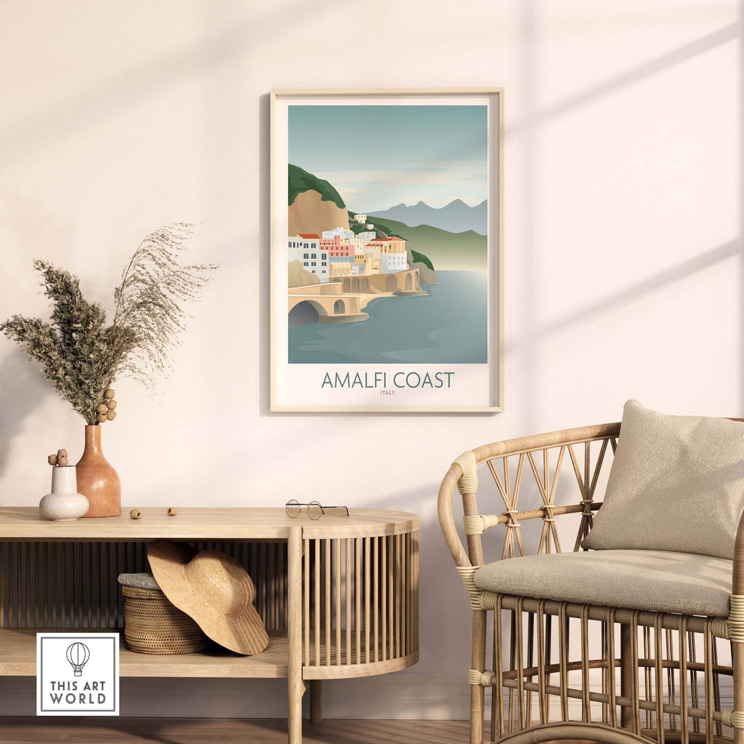 Amalfi Coast wall art print in a minimalist style, framed on a stylish shelf with plants and decor.