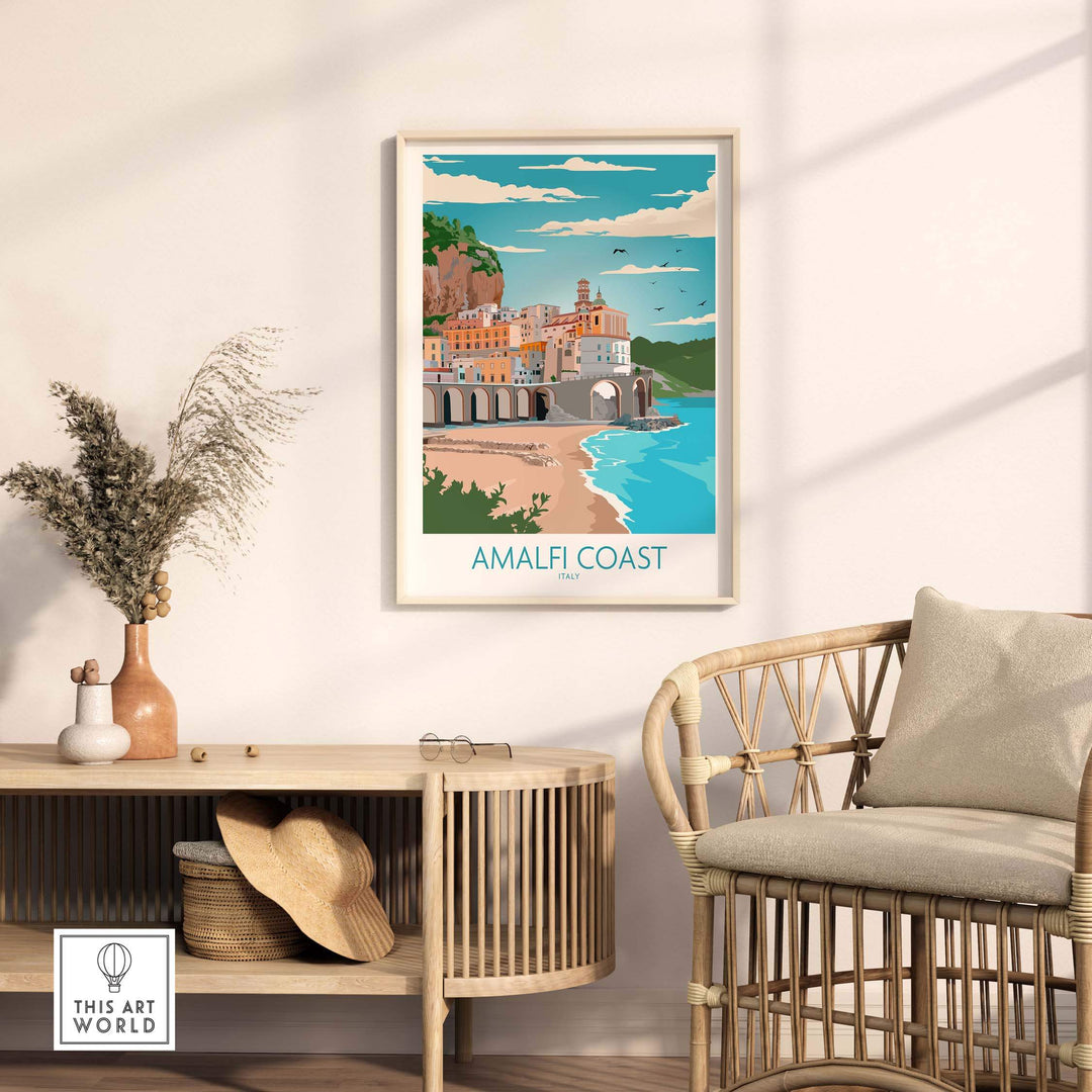 Amalfi Coast poster displayed in a stylish living room setting, showcasing vibrant colors and vintage travel art.