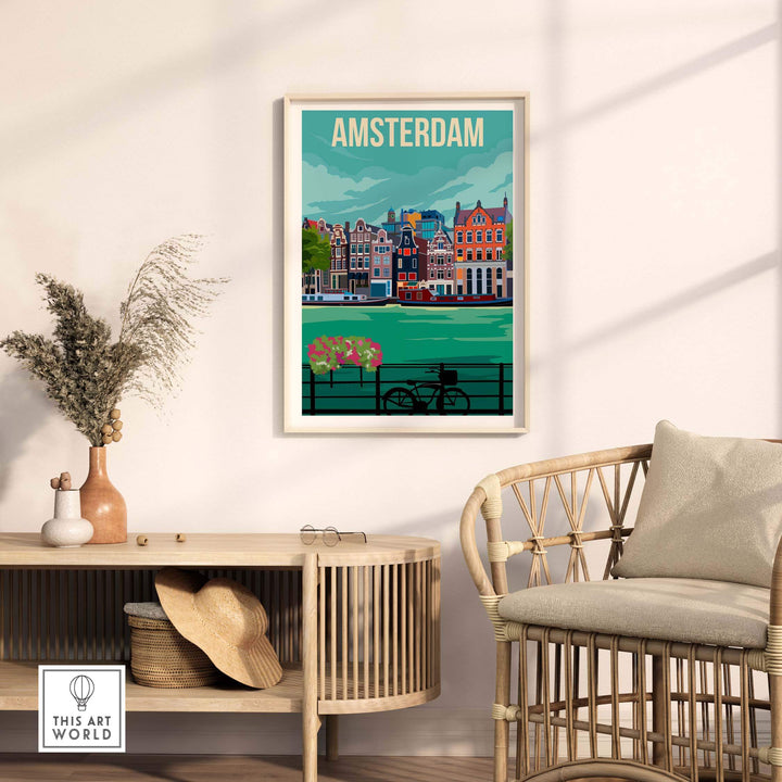 Amsterdam vintage print poster featuring Dutch canal houses in a stylish living room setting.