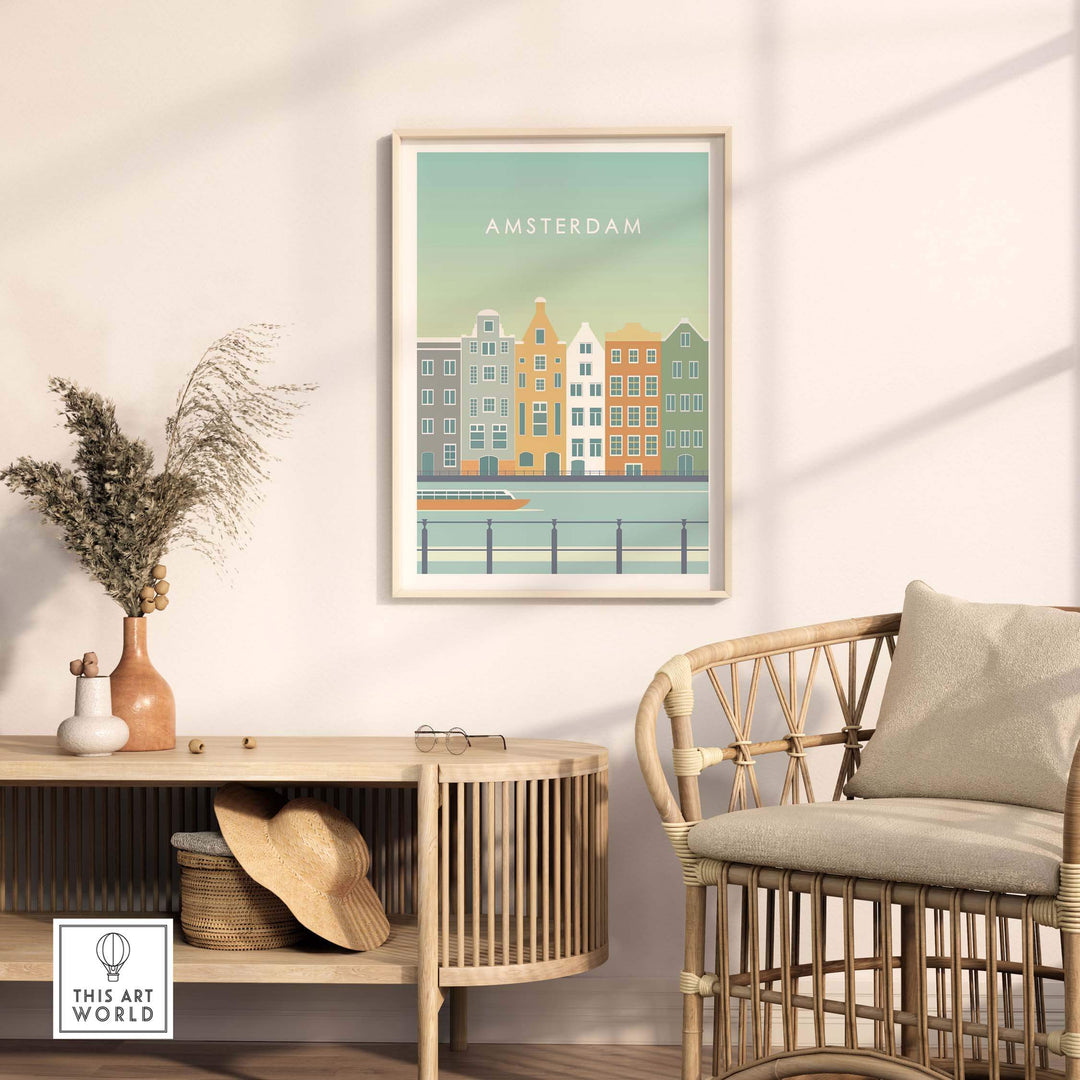 Amsterdam Print Wall Art Poster featuring colorful canal houses in a stylish living room setting.