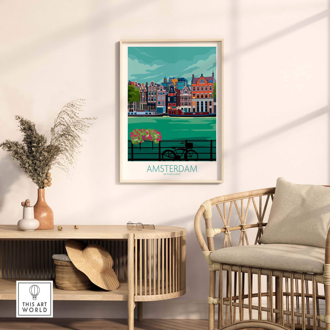 Amsterdam Poster Print showcasing vibrant canal scene, framed in home decor setting with stylish furniture.