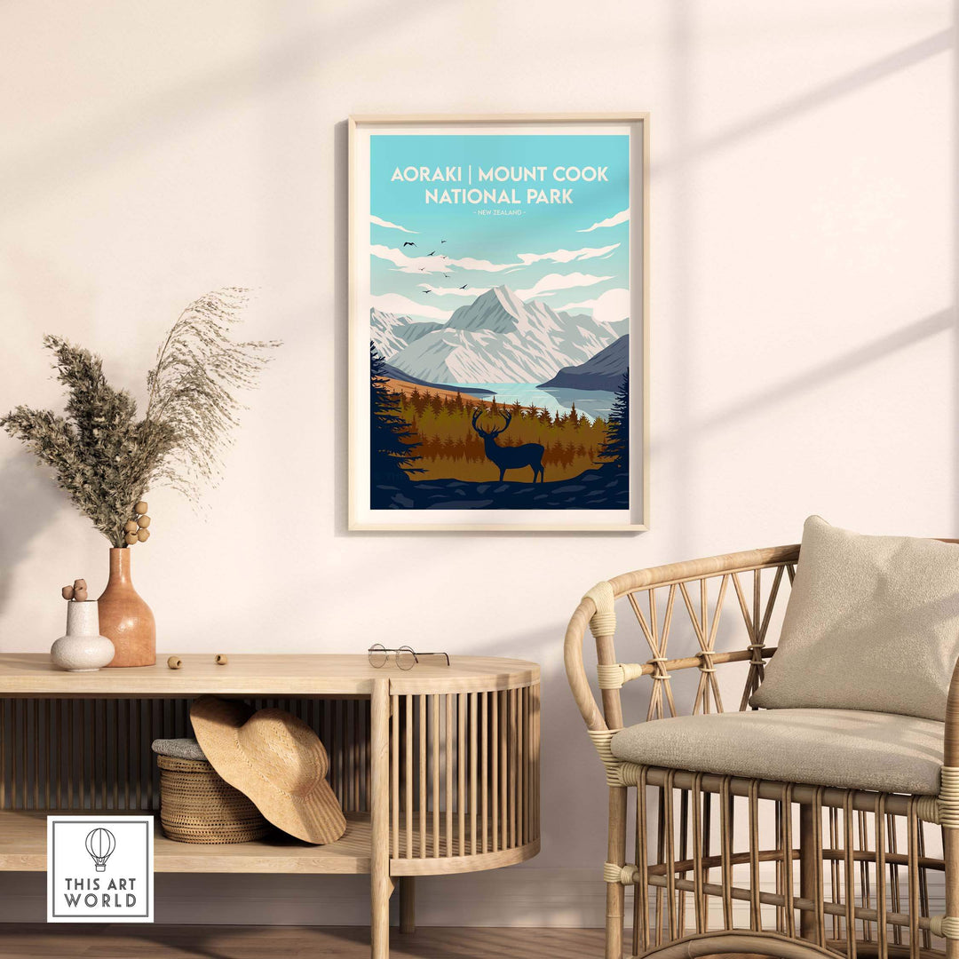 Aoraki Mount Cook National Park print in stylish living room decor, featuring mountains and a deer silhouette.