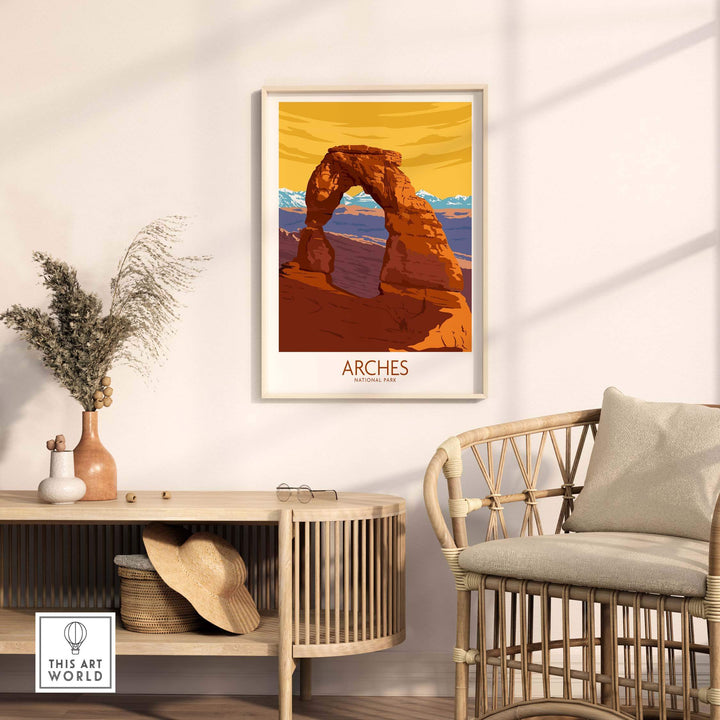 Arches National Park poster print displayed in a stylish indoor setting, featuring vintage-inspired artwork.