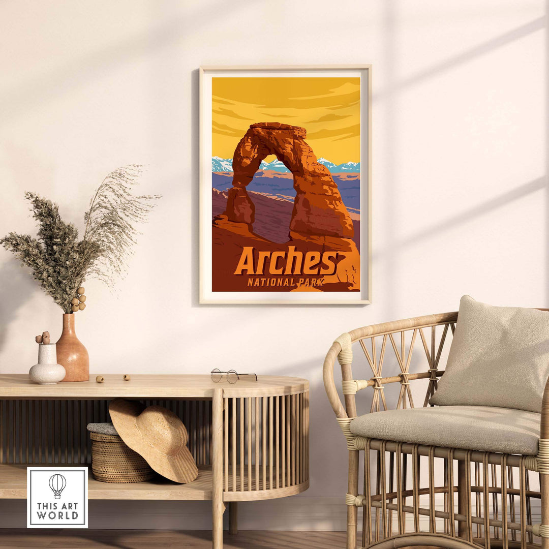 Arches National Park vintage print showcased in a stylish home setting, highlighting outdoor wanderlust and decor.