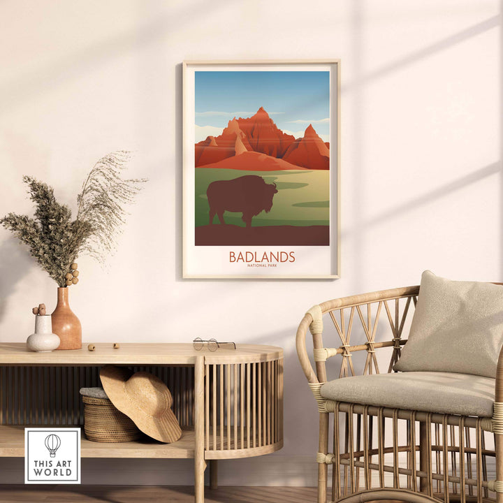 Badlands National Park Art Print featuring minimalist design with bison, vibrant colors, displayed in modern home setting.