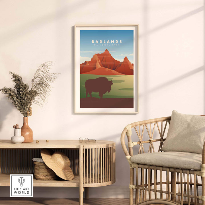 Badlands National Park art print featuring mountains and bison, perfect for stylish home decor.