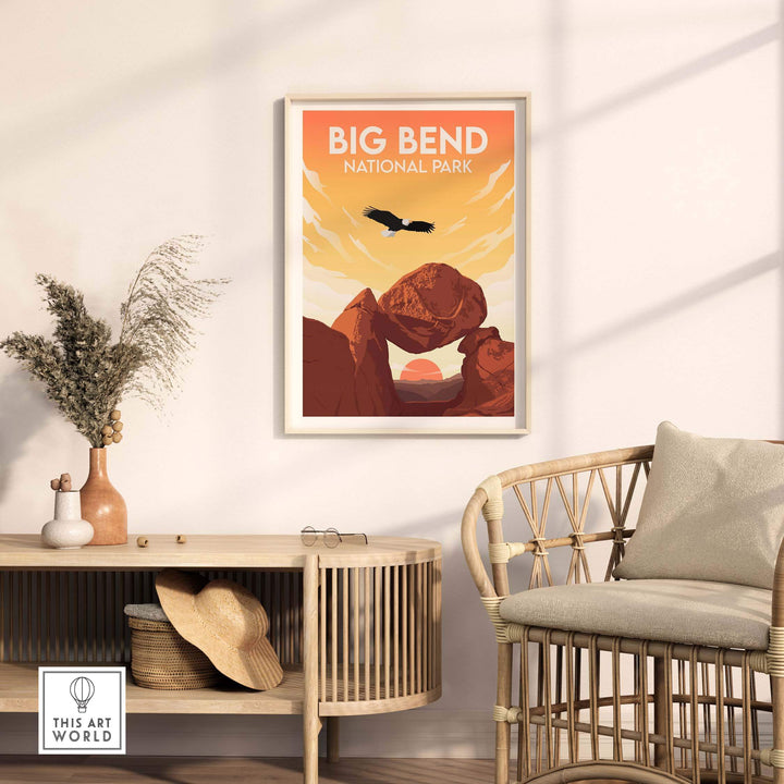 Big Bend National Park poster displayed in a stylish living room, showcasing minimalist landscape art.