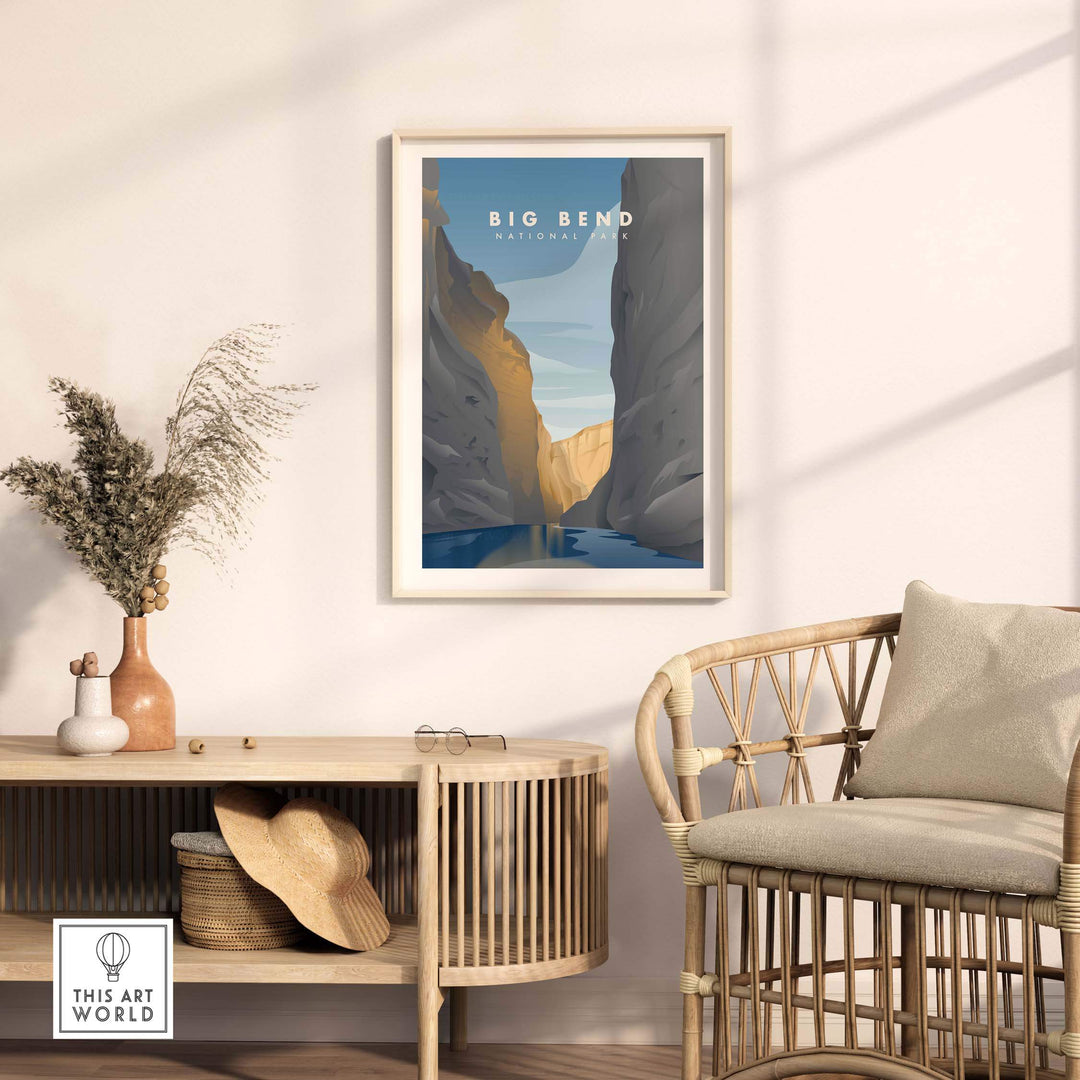 Framed Big Bend National Park art print in a stylish living room setting.