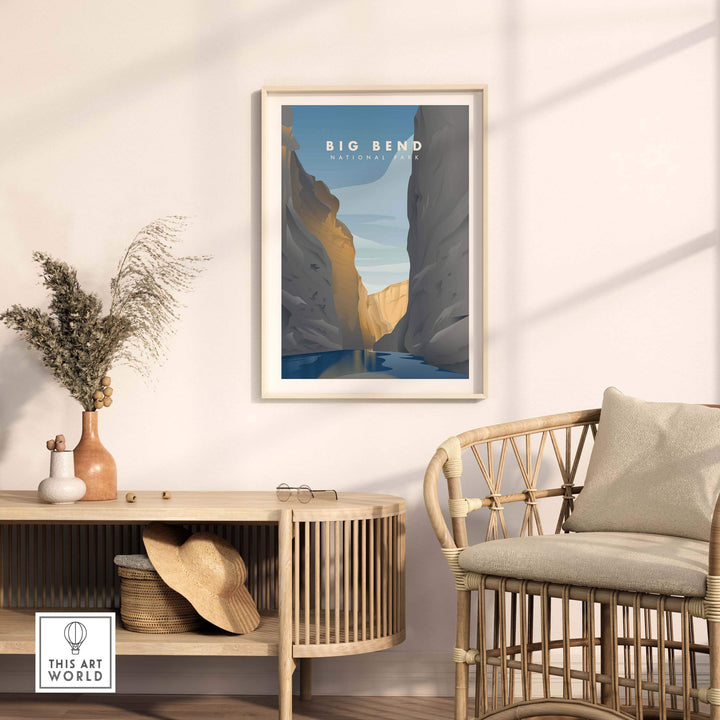 Framed Big Bend National Park art print in a stylish living room setting.