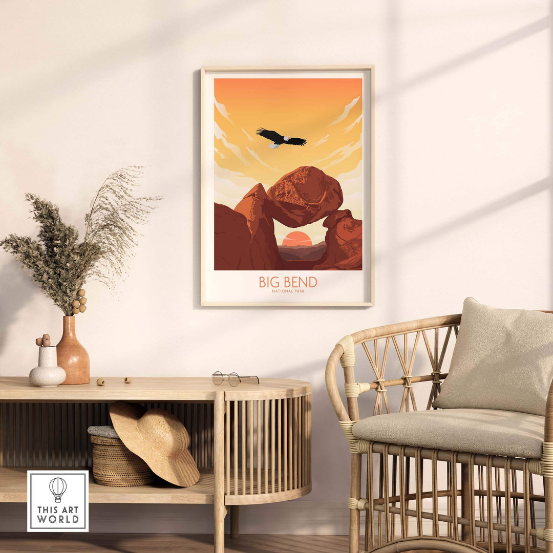 Big Bend National Park art print displayed in a cozy room with rattan furniture and decor.