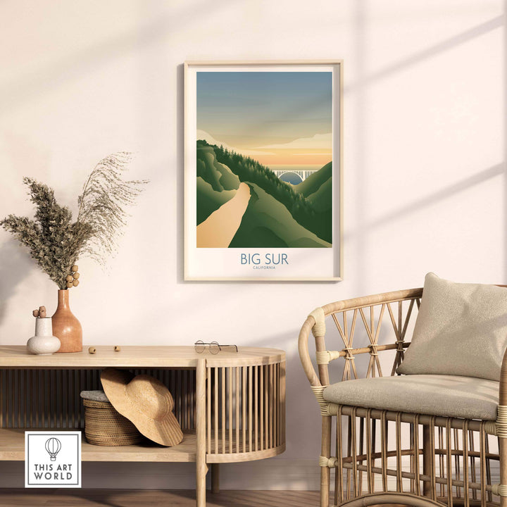 Big Sur California Art Print displayed in a cozy living space featuring natural elements and minimalist style.