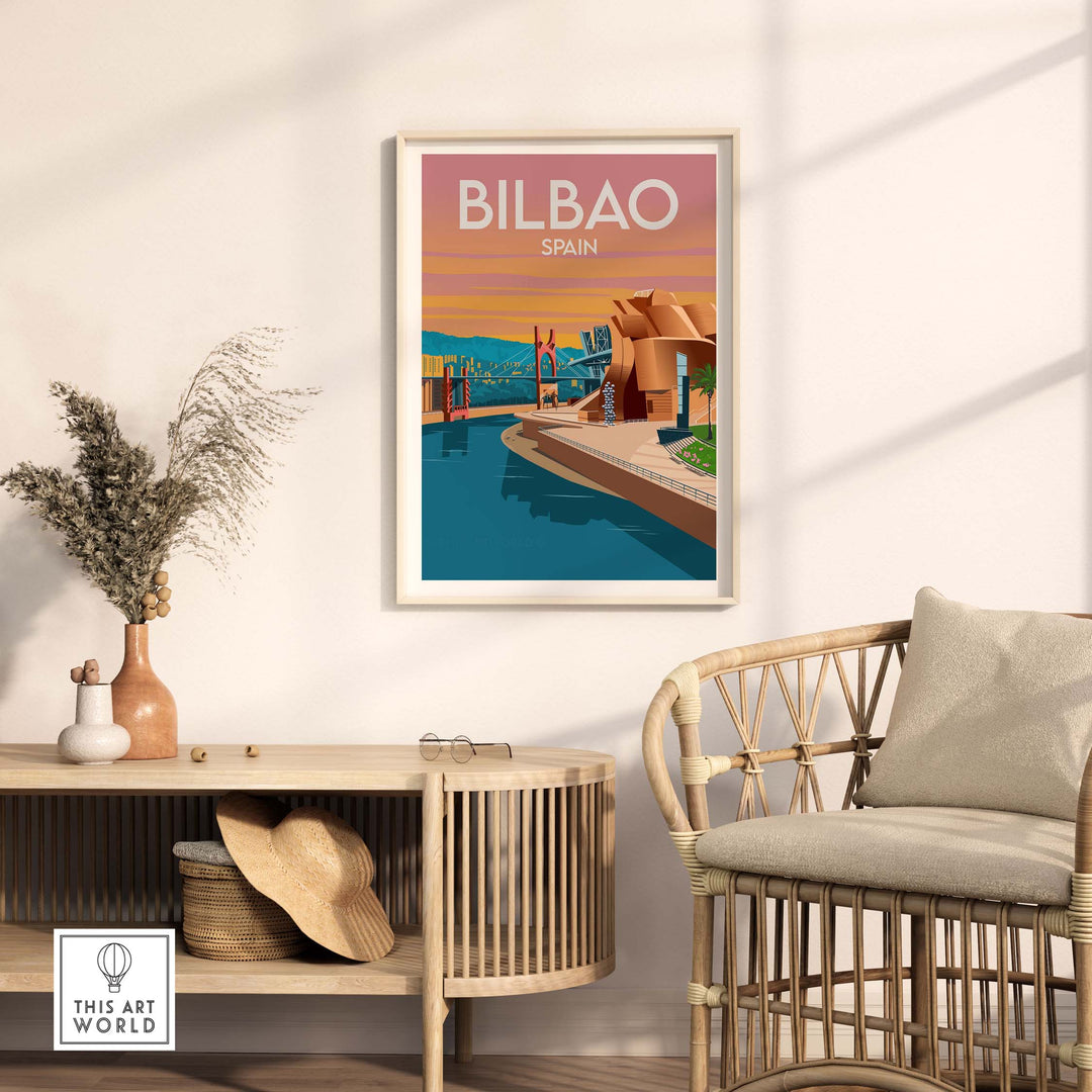 Bilbao Spain art print showcasing modern architecture and tranquil riverside scenery in a stylish interior setting.