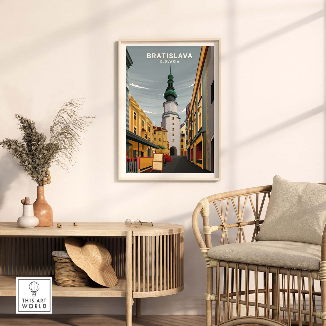Bratislava Poster Slovakia in a stylish living room, showcasing minimalist vintage travel art.