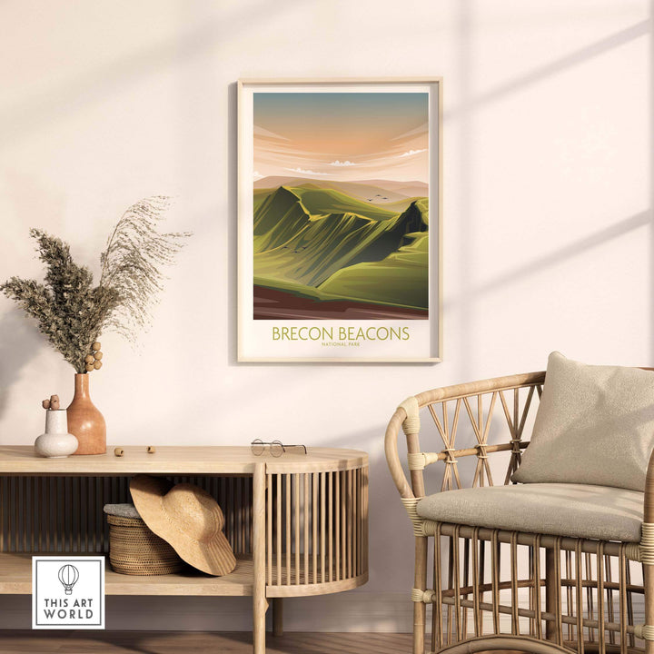 Brecon Beacons National Park poster art print in modern minimalist style, displayed in a stylish home setting.