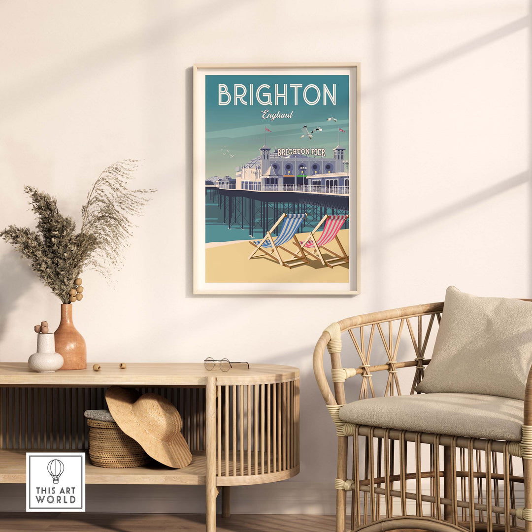 Brighton wall art print featuring the iconic pier and deck chairs in a stylish interior setting.