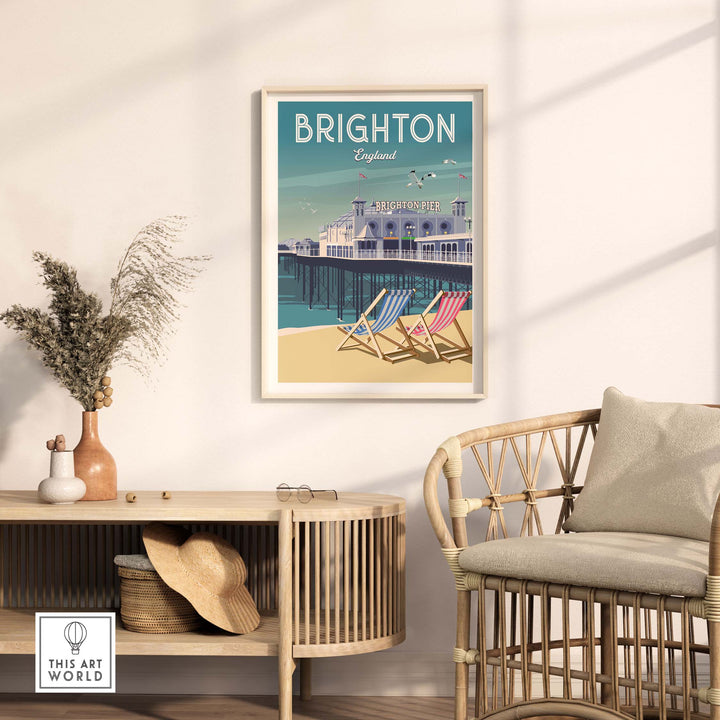 Brighton wall art print featuring the iconic pier and deck chairs in a stylish interior setting.