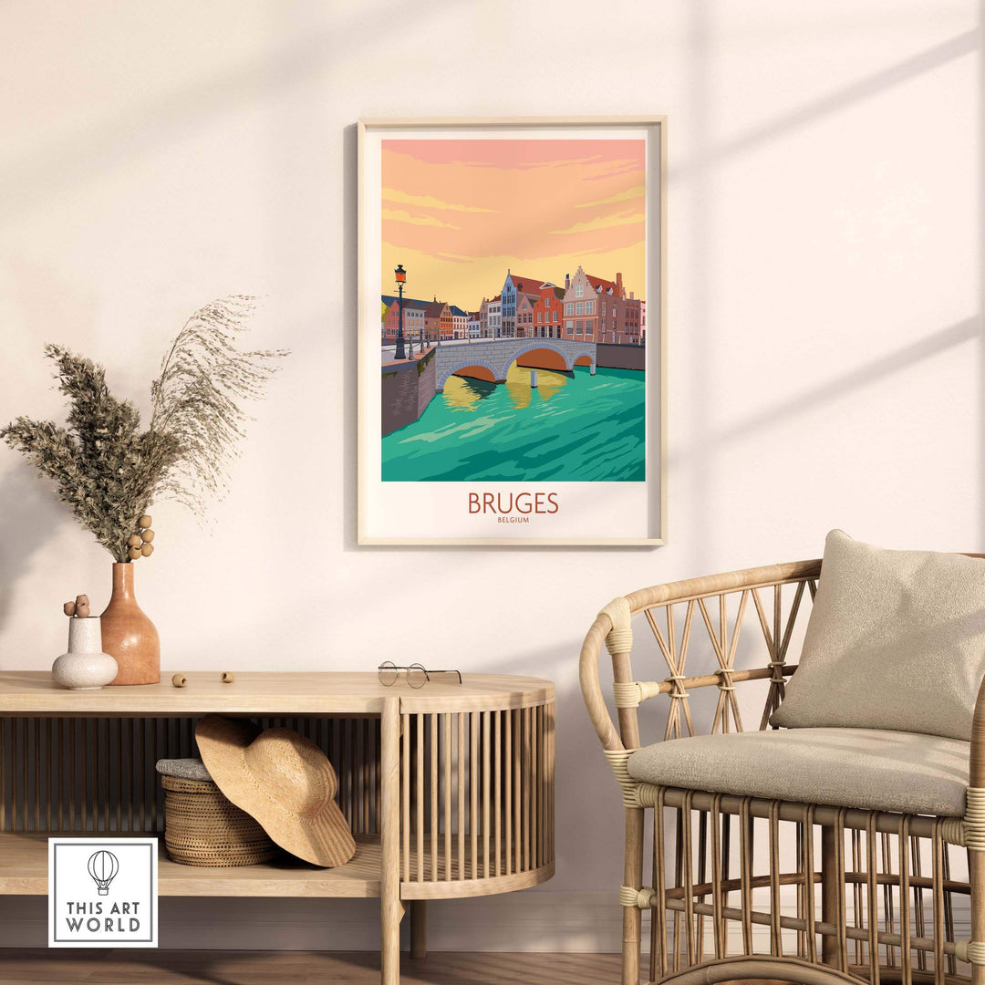 Bruges Belgium poster framed in a modern living room with stylish decor and natural light.