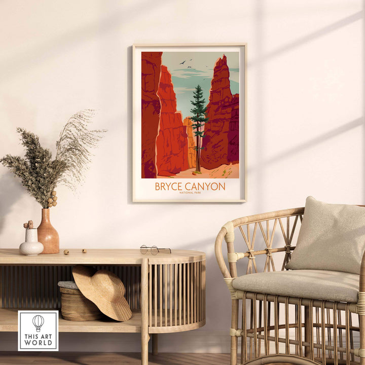 Bryce Canyon Poster Print showcasing vibrant red rock formations in a stylish room setting, perfect for home decor.