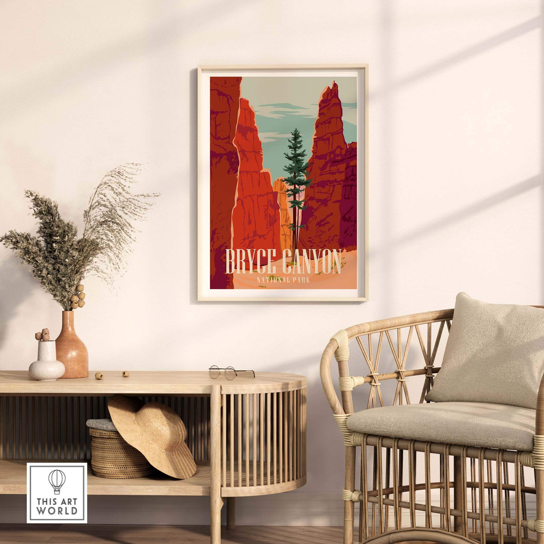 Bryce Canyon National Park vintage print framed in stylish living room decor with natural lighting.