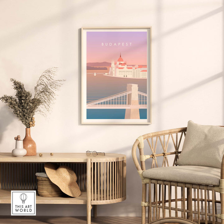 Budapest Print Wall Art Poster displayed in a stylish living room setting with a wicker chair and decorative elements.