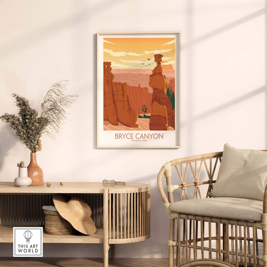 Bryce Canyon National Park poster art print framed on wall above stylish furniture in a modern interior setting.