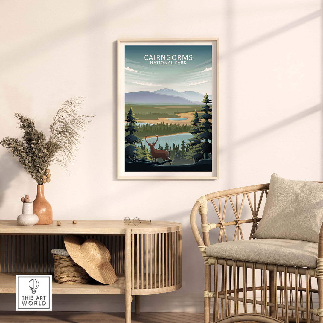 Cairngorms National Park poster displayed in a stylish room with nature-inspired decor.