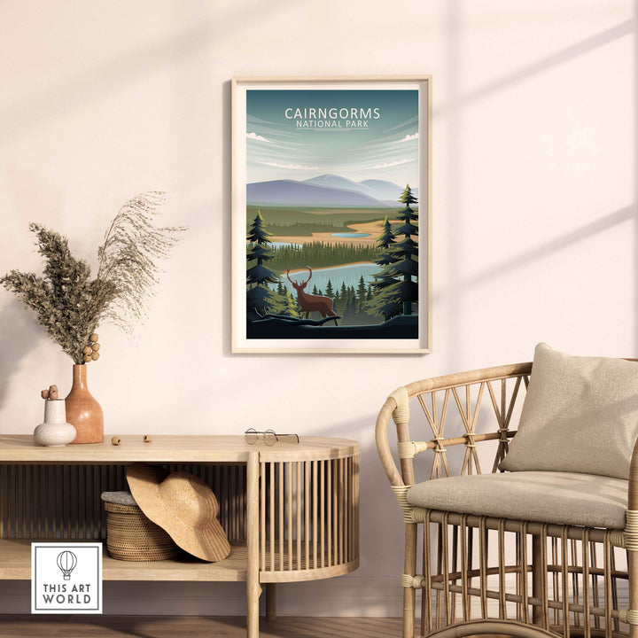 Cairngorms National Park poster displayed in a stylish room with nature-inspired decor.
