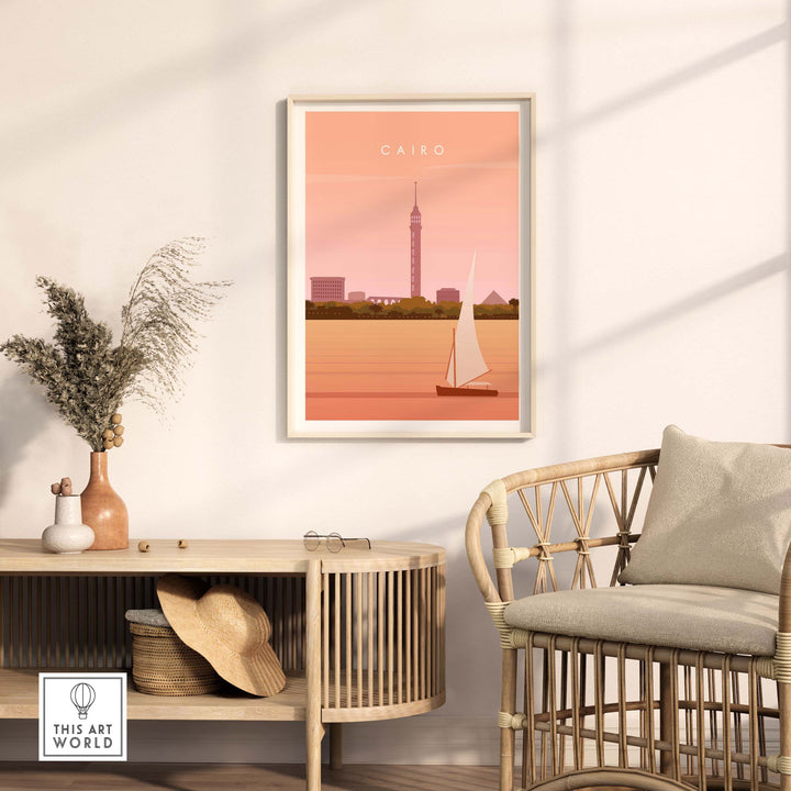 Cairo Print Wall Art Poster featuring the city skyline and Nile River, ideal for home or office decor.