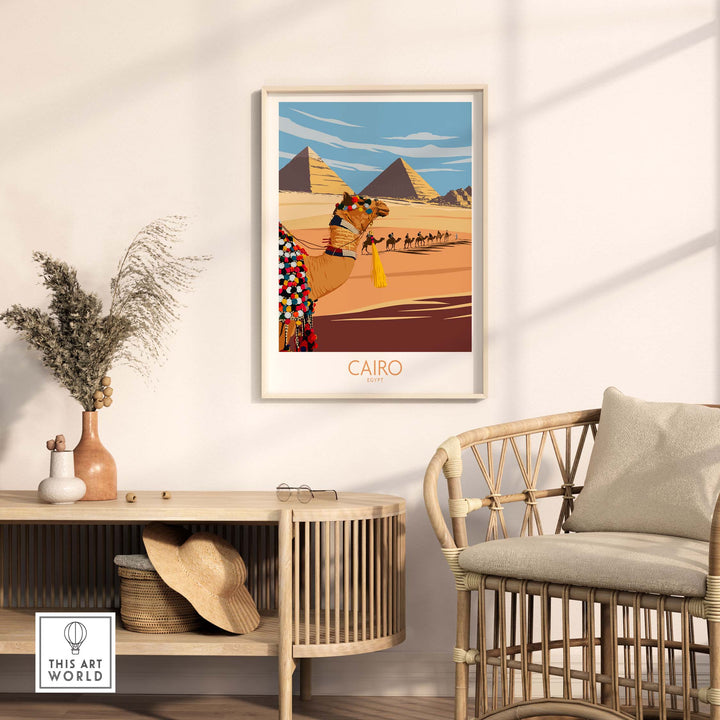 Cairo Egypt poster featuring a camel and pyramids in a modern minimalist style for wall art inspiration.