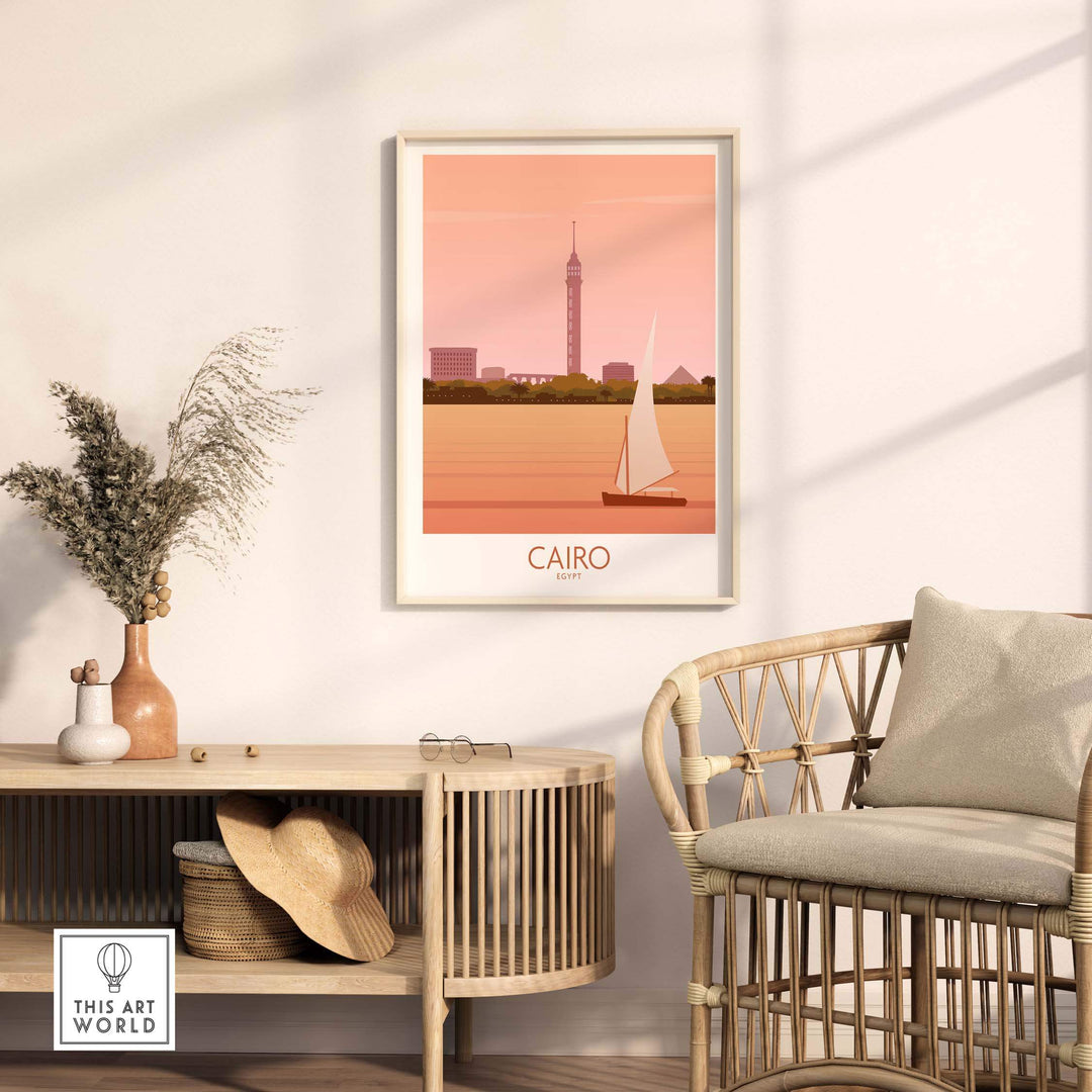 Cairo travel poster print featuring a sailboat on the Nile, framed, enhancing home decor with vintage style.
