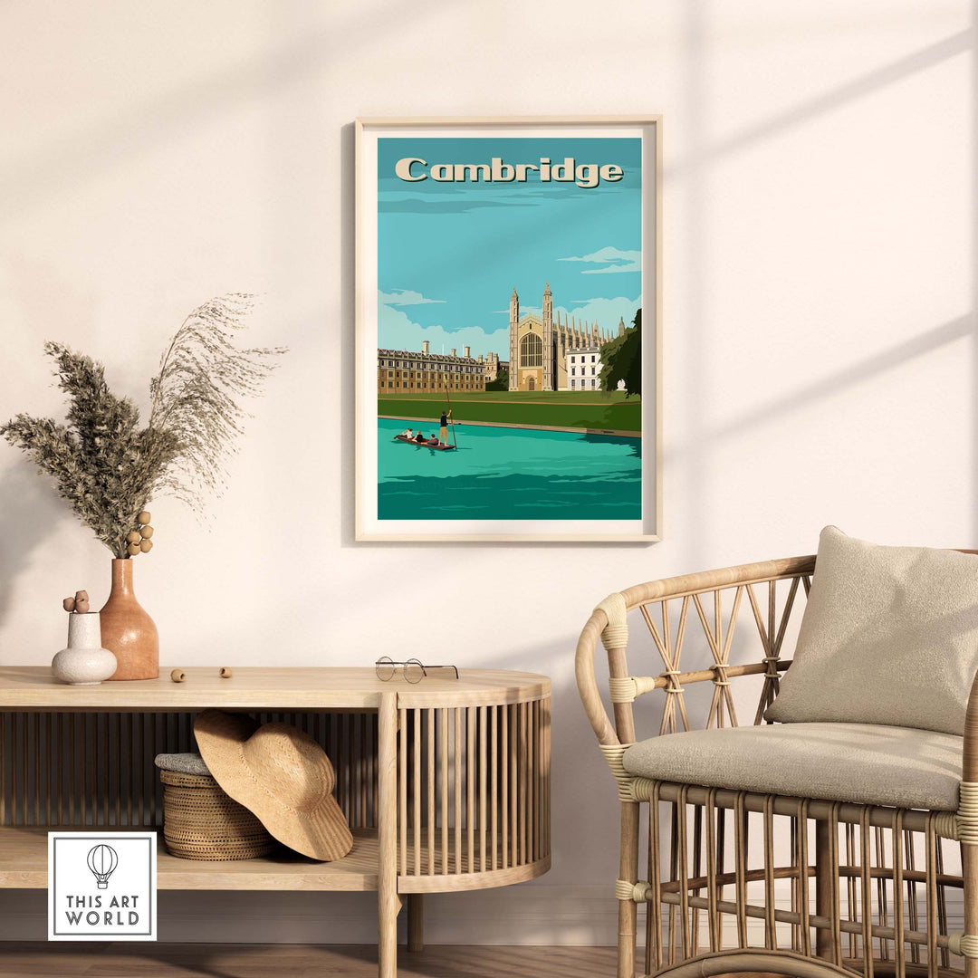 Vintage Cambridge poster print in a stylish living room, showcasing King's College and serene water scene.
