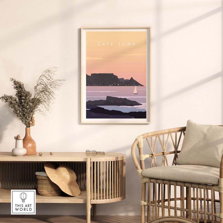 Cape Town Print Wall Art Poster featuring a vintage-inspired sunset landscape, perfect for home decor.