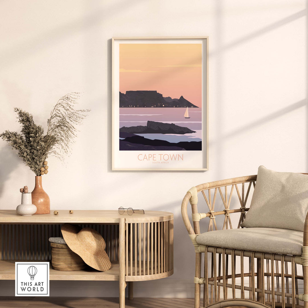 Cape Town Poster Print featuring Table Mountain in sunset hues, displayed in a stylish home setting.