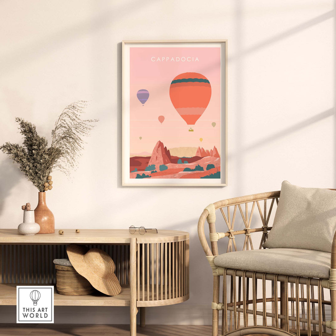 Cappadocia Print Wall Art Poster featuring hot air balloons and landscape in a modern living space.