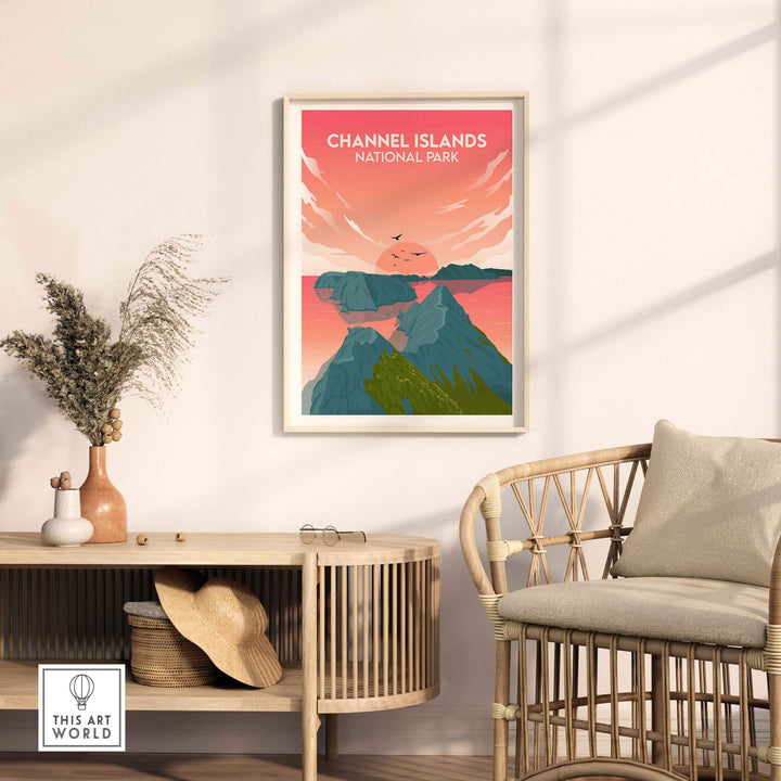Channel Islands National Park poster in a minimalist style, framed, displayed in a modern home setting.