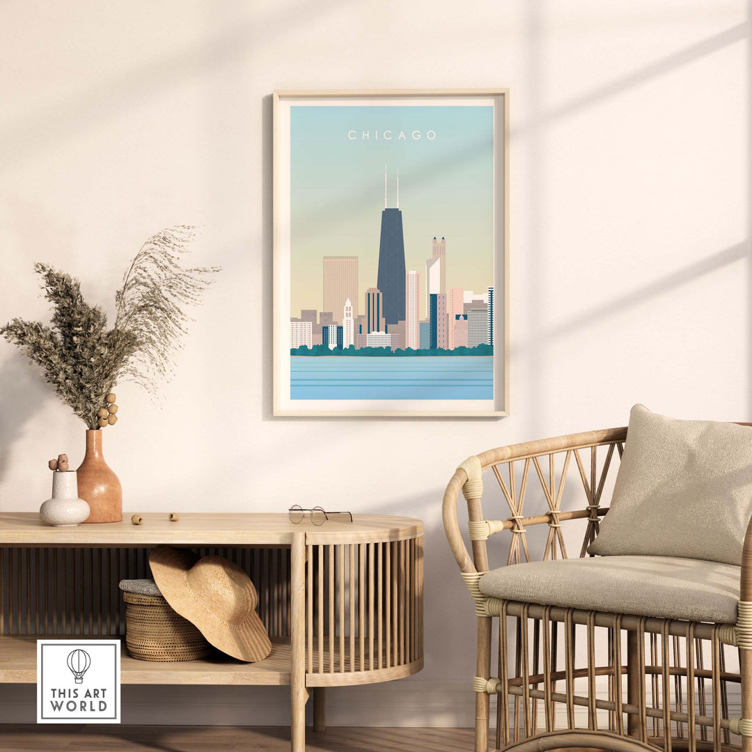 Chicago Print Wall Art Poster framed in a modern living room setting, showcasing the city's skyline and pastel colors.